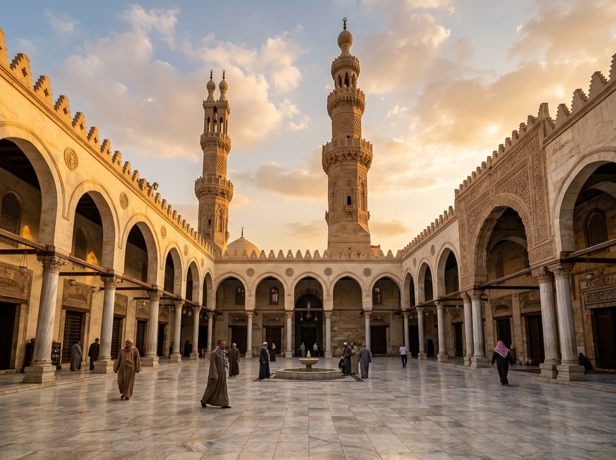 Courtyard and minarets of Al-Azhar Mosque in historic Cairo Egypt