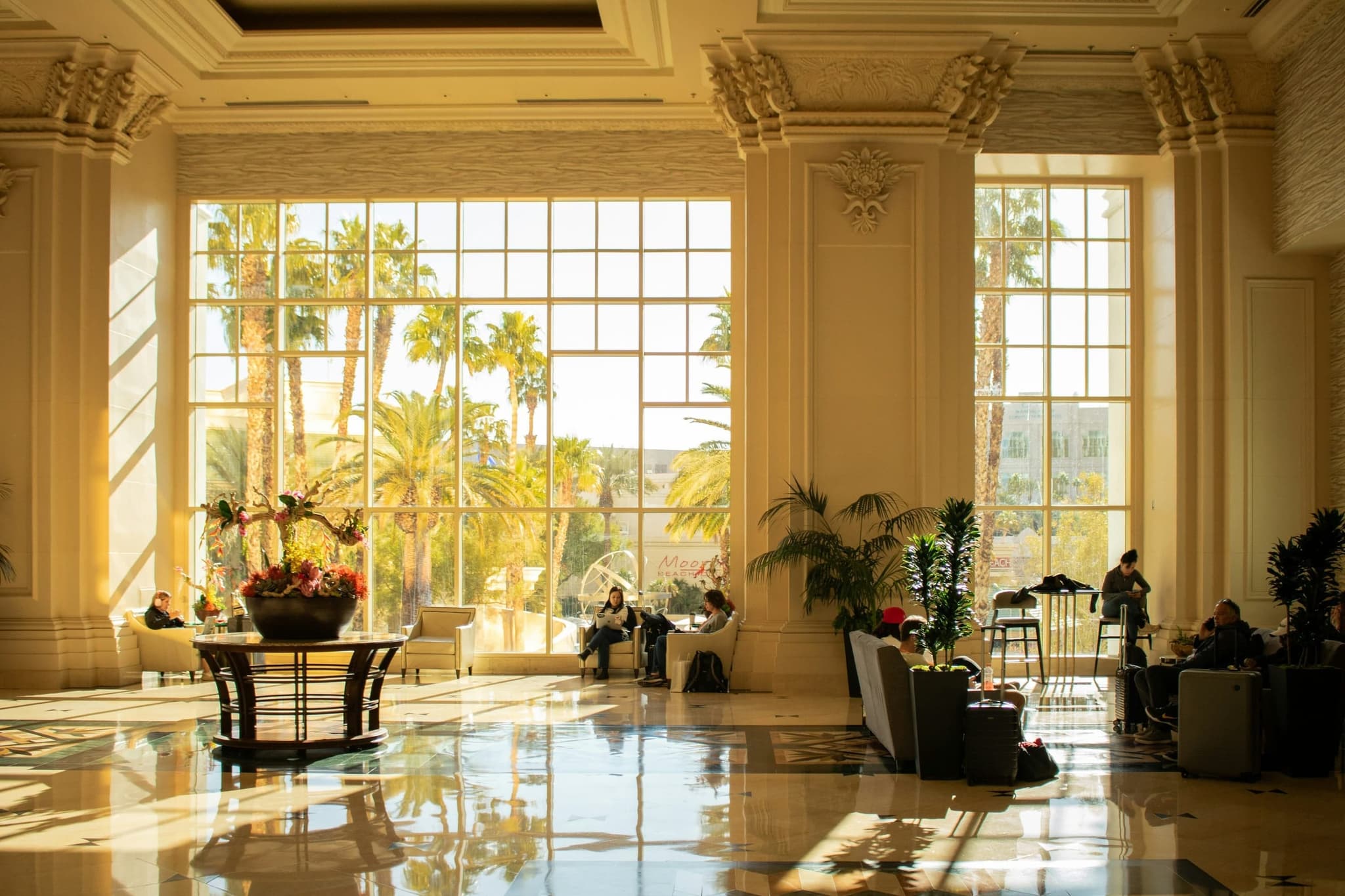 Elegant hotel lobby with warm natural light